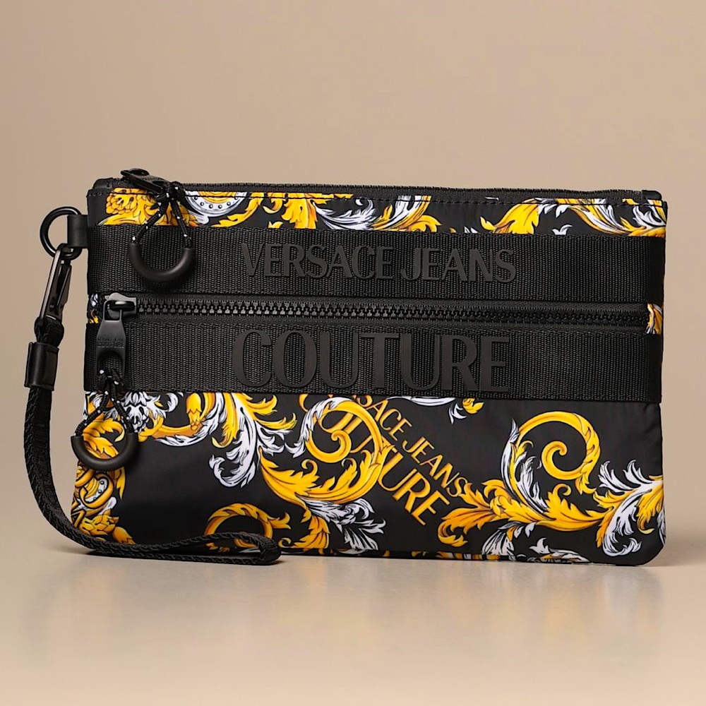 Versace Jeans Couture Black & Yellow Baroque Wristlet Clutch